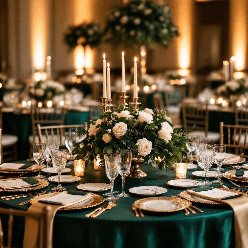 Winter Wedding Colors That'll Make Your Guests Actually Gasp Aerial view of a luxurious winter wedding reception featuring emerald green and champagne gold table linens, illuminated by soft amber uplighting. Elegant round tables with crystal candelabras, flickering tapered candles, and gold-rimmed charger plates adorned with lush centerpieces of deep green foliage and white roses, showcasing a sophisticated and refined atmosphere.