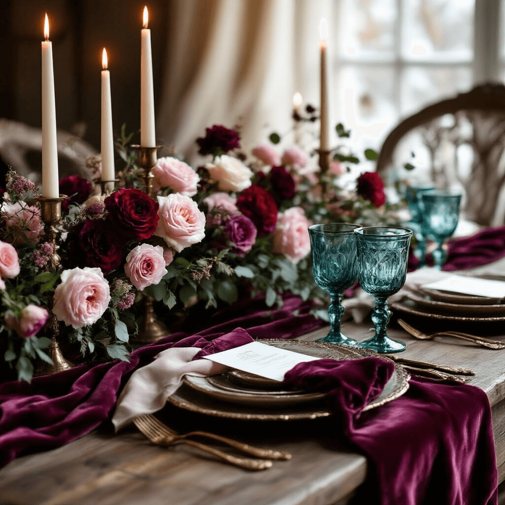 Winter Wedding Colors That'll Make Your Guests Actually Gasp A winter tablescape featuring deep burgundy velvet table runners adorned with blush pink roses, ranunculus, and dusty garden roses, accented by brass candleholders and vintage teal glass goblets, all illuminated by warm candlelight and soft natural light filtering through sheer drapery.