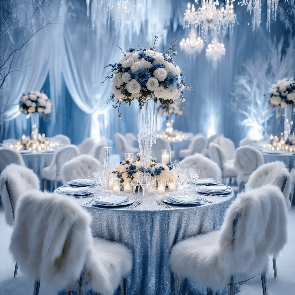 Winter Wedding Colors That'll Make Your Guests Actually Gasp An ethereal winter wonderland reception featuring ice blue and white decor, silver sequined linens, frosted glass votives, white roses and dusty blue thistle, faux fur throws on chairs, and scattered crystal elements, captured from an overhead view with soft cool lighting.