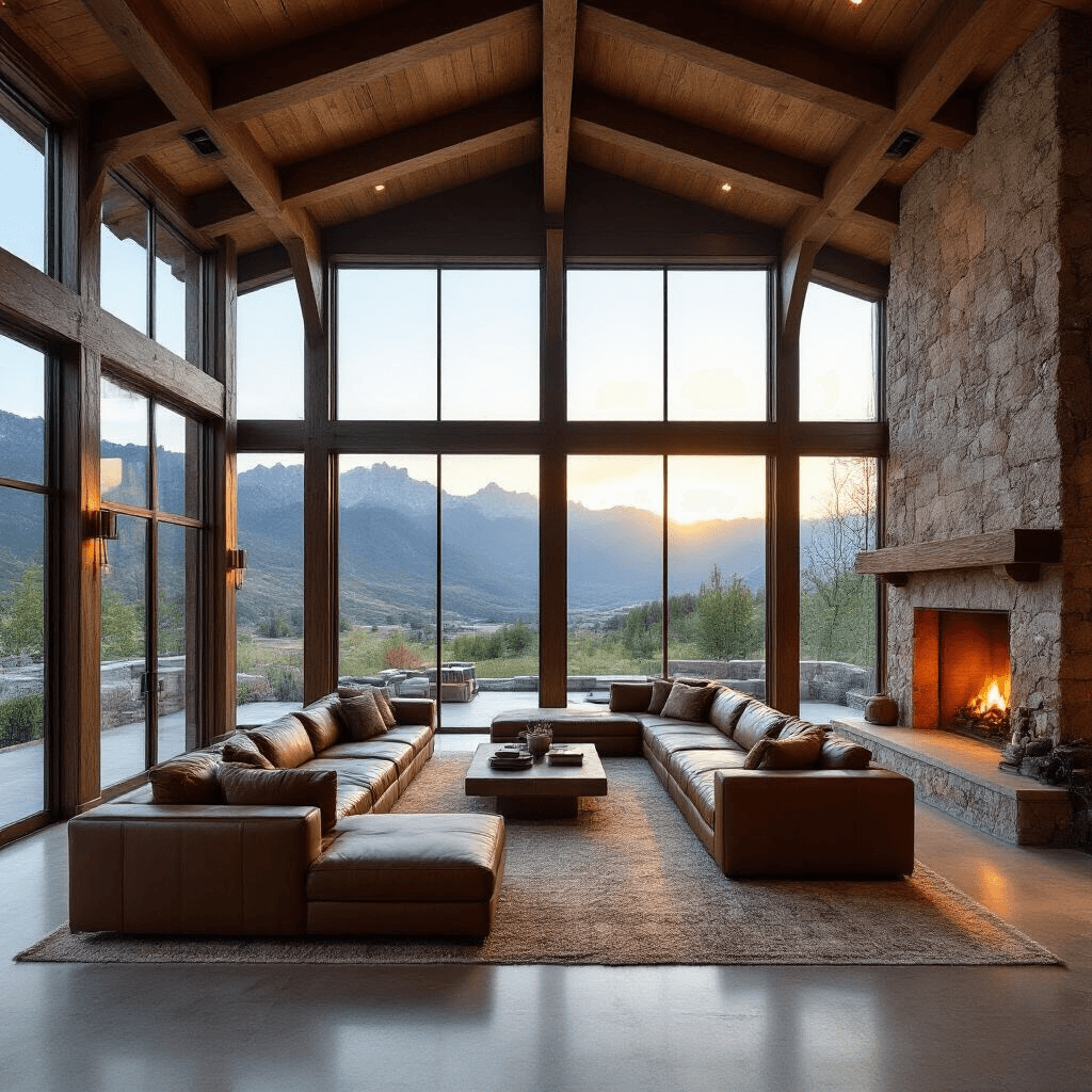 Ranch Mansion Living: Why This Architectural Style Is Having a Luxury Moment A luxurious ranch mansion great room featuring floor-to-ceiling windows with mountain views, exposed timber trusses, a large stone fireplace, and rich leather sectional furniture arranged on a hand-knotted rug, illuminated by soft afternoon sunlight.