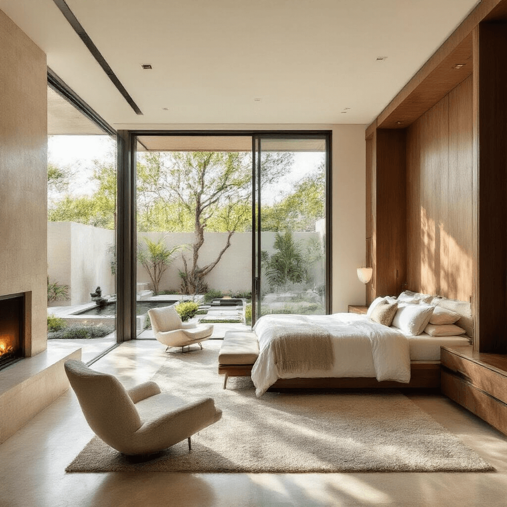 Ranch Mansion Living: Why This Architectural Style Is Having a Luxury Moment Sprawling mansion master suite featuring a king-sized bed with oyster-white linens, sliding glass panels opening to a zen garden, walnut vanity, walk-in closet, sage wool rug, mid-century chairs, and a contemporary fireplace, all illuminated by soft morning light on travertine floors.