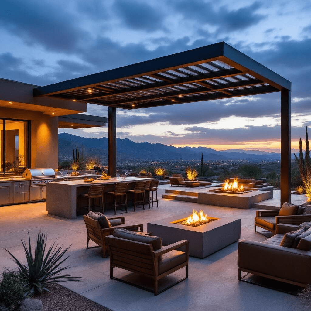 Ranch Mansion Living: Why This Architectural Style Is Having a Luxury Moment Dramatic outdoor entertainment zone at a ranch mansion featuring a covered patio with an outdoor kitchen, steel pergola with integrated lighting, built-in gas grill and pizza oven, custom concrete dining table with teak chairs, modern fire pit with leather lounge seating, and stunning views of desert mountains at twilight.