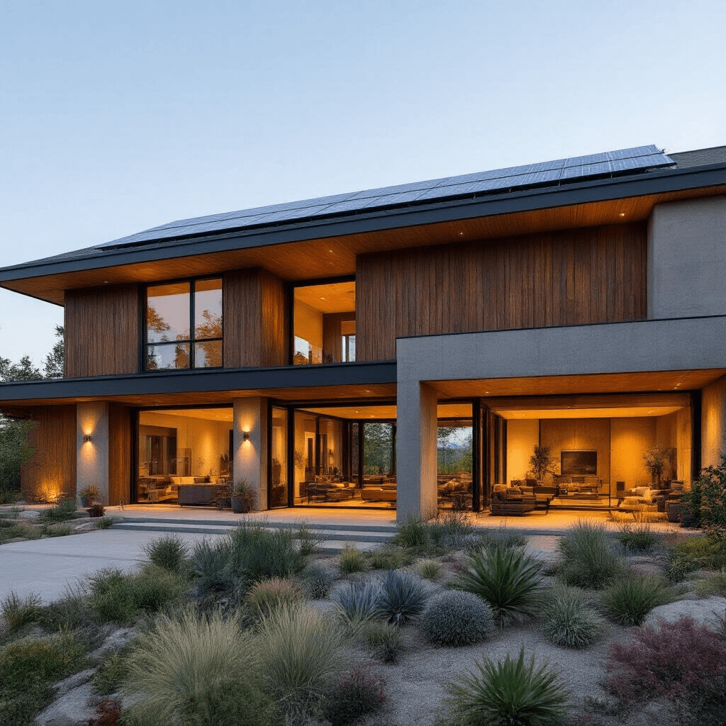 Ranch Mansion Living: Why This Architectural Style Is Having a Luxury Moment A sustainable ranch mansion featuring warm cedar board-and-batten siding and board-formed concrete elements, complemented by a seamless solar panel array on a low-pitched roof. The design includes native drought-resistant landscaping with succulents and ornamental grasses, large sliding glass panels for indoor-outdoor flow, and matte black custom steel window frames, all illuminated by soft evening light.