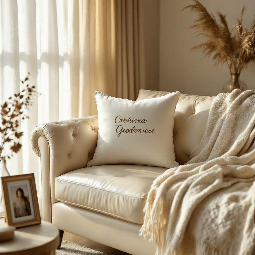 The Real Deal About Personalized Gifts That Actually Matter A luxurious living room featuring a personalized throw pillow on a cream leather sofa, bathed in soft golden hour sunlight through sheer linen curtains, complemented by subtle botanical elements and a delicate family photo frame, evoking a sophisticated and intimate ambiance.