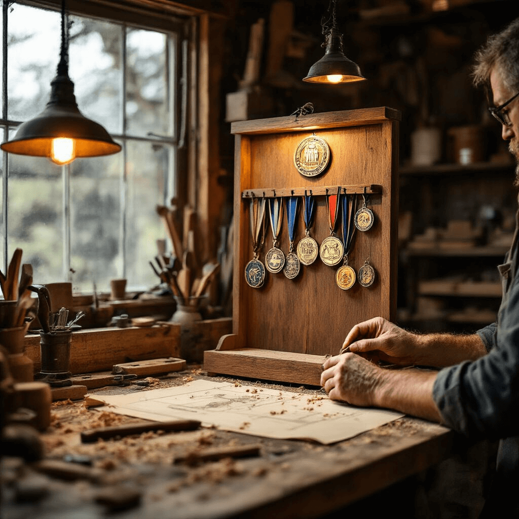 The Real Deal About Personalized Gifts That Actually Matter A craftsperson's hands work on a custom medal display rack in a rustic wooden workshop, surrounded by tools and vintage blueprints, with warm lighting and rich mahogany textures, as sawdust enhances the creation process of a meaningful keepsake.