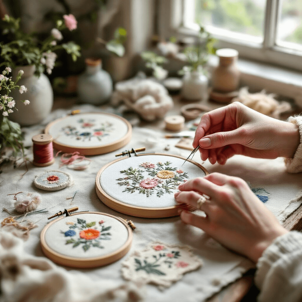 The Real Deal About Personalized Gifts That Actually Matter A cozy DIY crafting scene featuring hands embroidering colorful patches in vintage hoops, surrounded by scattered threads and botanical sketches, bathed in soft natural light.