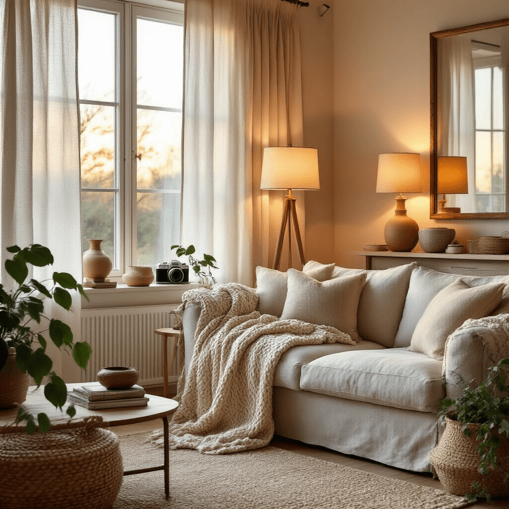Why Your Living Room Still Feels Like a Furniture Showroom (And How to Actually Make It Yours) A cozy living room bathed in golden hour light, featuring a textured linen sofa with a chunky knit throw, layered warm lighting from lamps, personal artifacts on floating shelves, a woven basket, and a pothos plant, all complemented by a large framed mirror that reflects the ambient light.