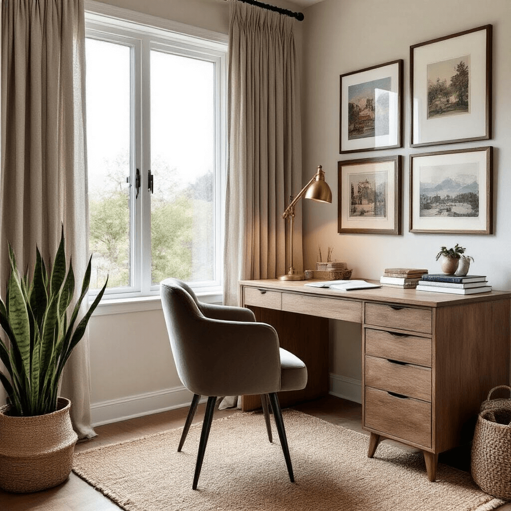 Why Your Living Room Still Feels Like a Furniture Showroom (And How to Actually Make It Yours) A cozy home office corner with a modern wooden desk by a large window, featuring a velvet chair, jute rug, and a gallery wall of vintage art and personal photos. A brass desk lamp provides soft lighting, while a snake plant adds greenery among curated accessories and open books.