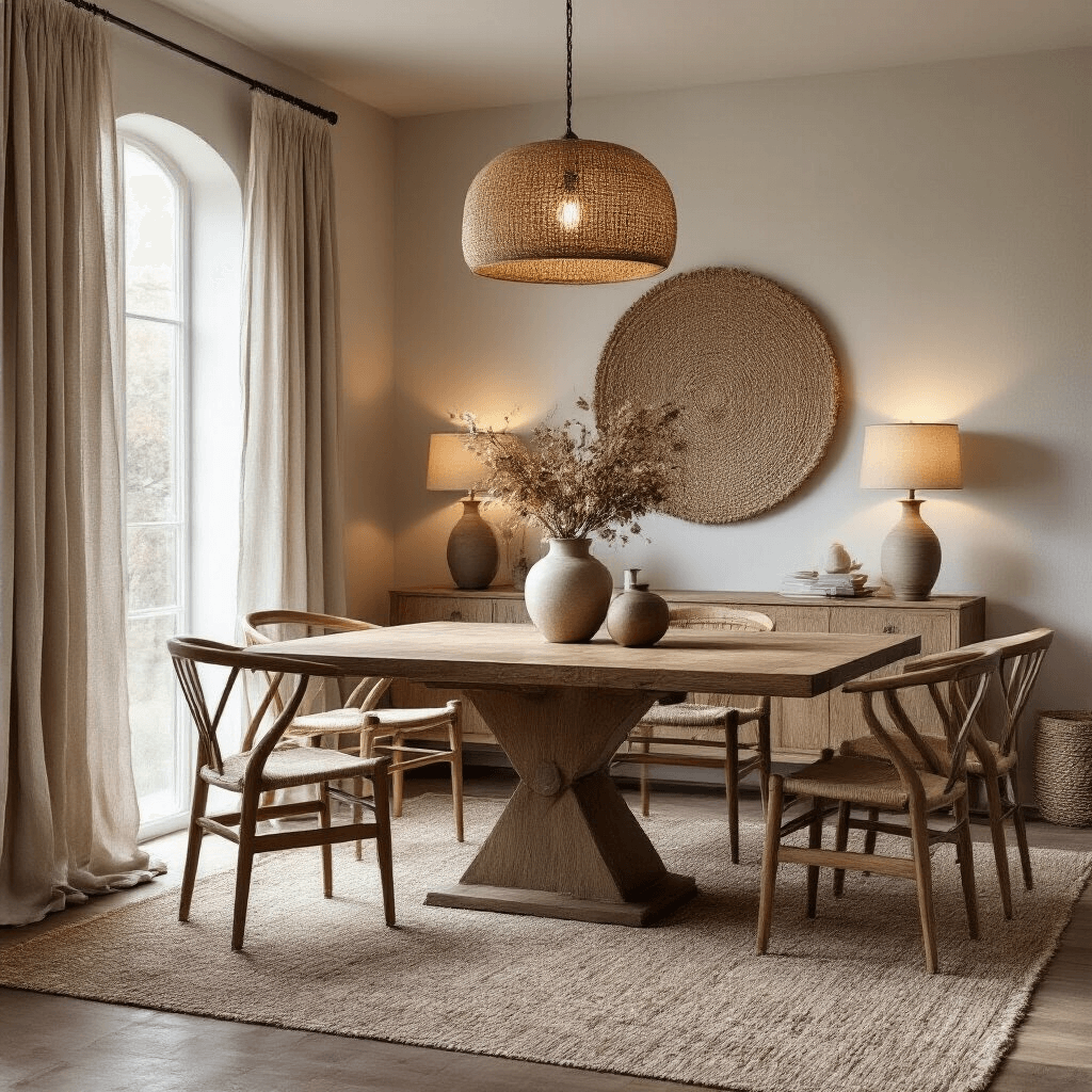 Why Your Living Room Still Feels Like a Furniture Showroom (And How to Actually Make It Yours) A cozy dining area featuring a large wooden table surrounded by mismatched chairs, set on an oversized 8x10 area rug. Linen curtains puddle on the floor, and a woven wall hanging adds texture to the walls. A sculptural ceramic centerpiece with dried botanicals sits at the table's center, illuminated by a statement pendant light and warm-toned table lamps, creating an inviting atmosphere.