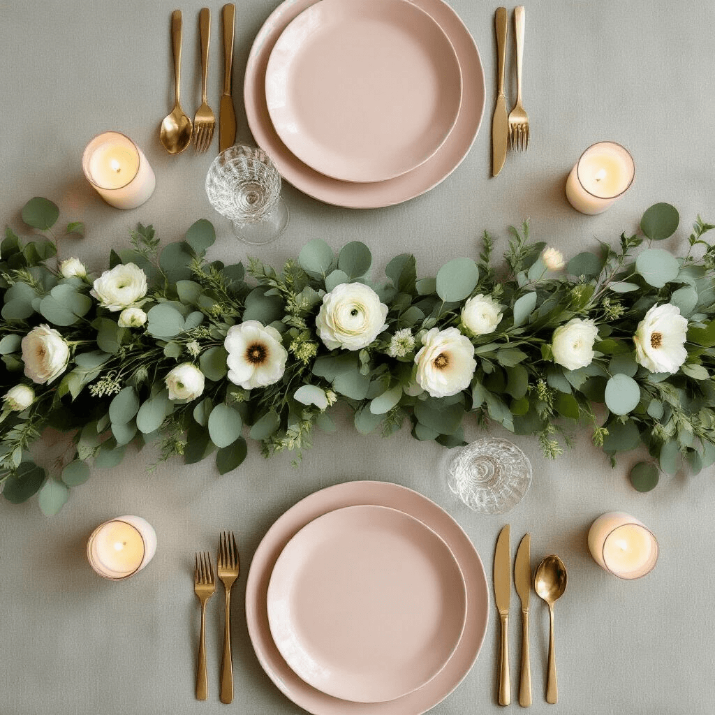 Wedding Garlands That'll Make Your Guests Say "Wow" (Without Breaking the Bank) An elegant reception table set with a greenery garland, polished gold cutlery, blush ceramic plates, and crystal glassware, featuring a natural centerpiece of eucalyptus, magnolia leaves, and white ranunculus blooms, complemented by sage linen runners and scattered tea lights.