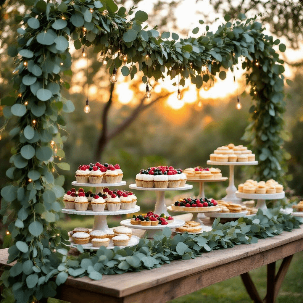 Wedding Garlands That'll Make Your Guests Say "Wow" (Without Breaking the Bank) A beautifully styled outdoor wedding dessert table adorned with a lush eucalyptus garland, featuring artisan cupcakes, naked cakes with fresh berries, and delicate pastries on tiered marble stands, set against a golden sunset with twinkling fairy lights overhead.