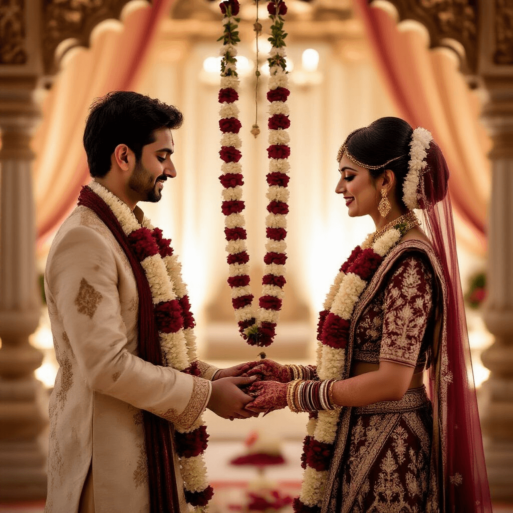Wedding Garlands That'll Make Your Guests Say "Wow" (Without Breaking the Bank) A couple exchanging a lotus-themed jai mala garland in a beautifully decorated mandap, surrounded by rich burgundy and cream tones, wearing intricately embroidered traditional attire, with warm lighting accentuating the romantic atmosphere.