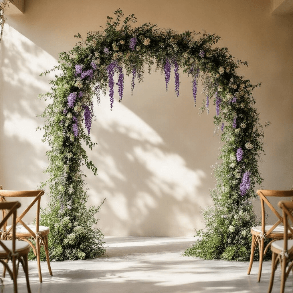 Wedding Garlands That'll Make Your Guests Say "Wow" (Without Breaking the Bank) A modern geometric metal wedding arch adorned with an asymmetrical garland of wisteria, baby's breath, and greenery, set in soft morning light with delicate macramé chairs in a minimalist outdoor venue.