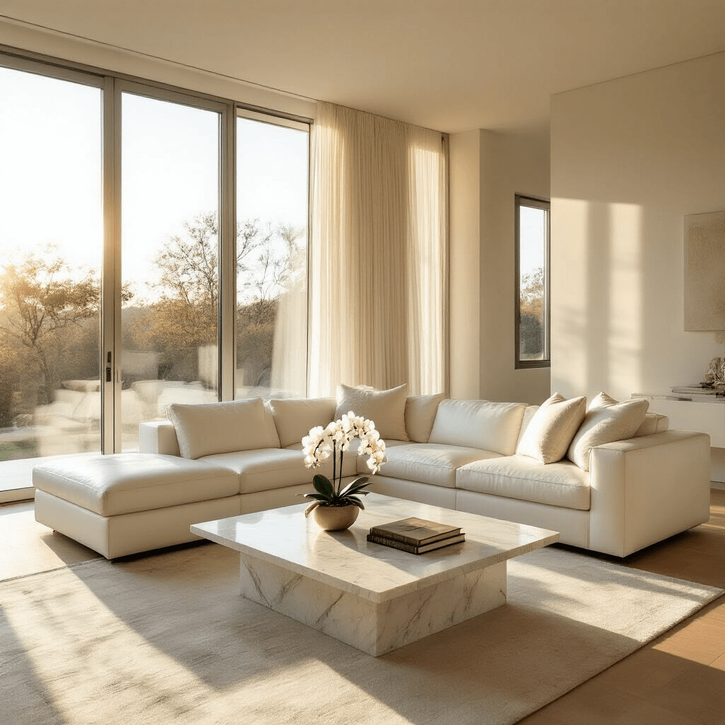 How to Transform Your Space with Architectural Photography: A Complete Guide to Capturing Your Home's Best Angles A sunlit modern living room at golden hour, featuring a minimalist white leather sectional sofa and a polished marble coffee table with a vintage design book and white orchid, illuminated by soft natural light from floor-to-ceiling windows, with hardwood floors and a neutral color palette of whites, creams, and warm taupe.