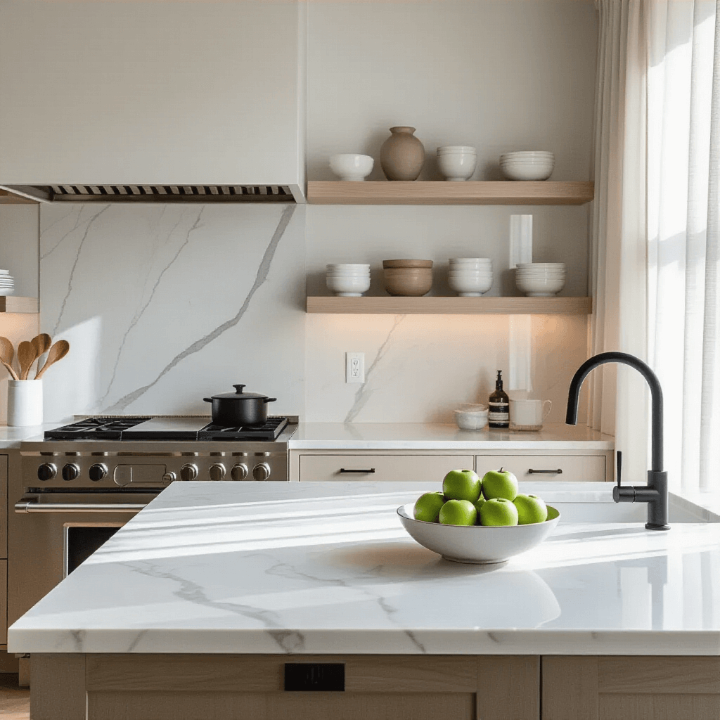 How to Transform Your Space with Architectural Photography: A Complete Guide to Capturing Your Home's Best Angles A contemporary kitchen featuring sleek white marble countertops, stainless steel appliances, and minimalist open shelving with ceramic vessels, enhanced by soft morning light and a bowl of fresh green apples, showcasing a clutter-free, sophisticated design.