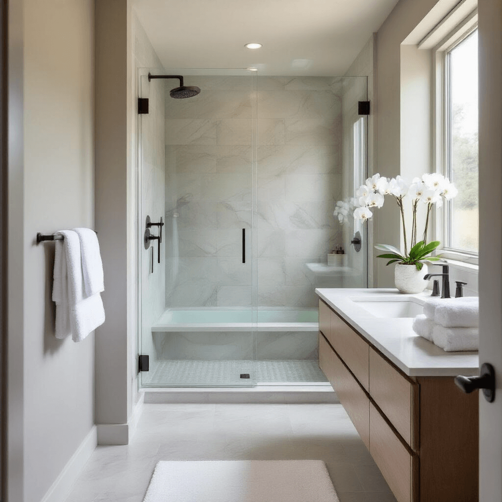 How to Transform Your Space with Architectural Photography: A Complete Guide to Capturing Your Home's Best Angles Intimate bathroom architectural photograph featuring a serene spa-like environment with a frameless glass shower, floating vanity, large marble tiles, and soft natural light, all enhanced by a neutral color palette of grays and whites.