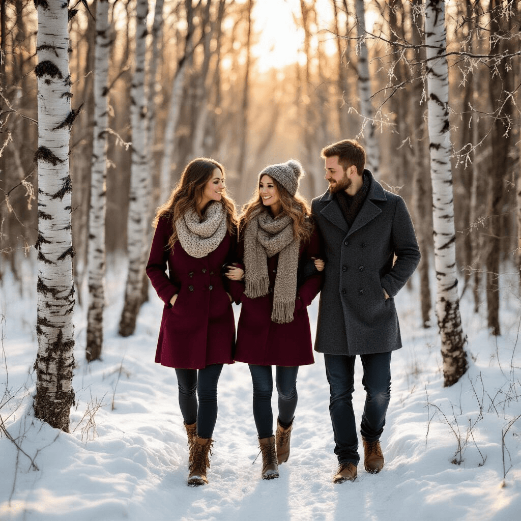 Winter Engagement Photos: How to Create Magical Images in the Cold Season A romantic winter engagement photo shoot featuring a couple in deep burgundy and charcoal grey wool coats, walking hand-in-hand in a snow-covered forest with birch trees, their breath visible in the crisp air. Golden hour sunlight filters through the trees, illuminating intricate snow patterns on the ground and delicate frost crystals on branches, while chunky knit scarves and leather gloves add warmth to the scene.