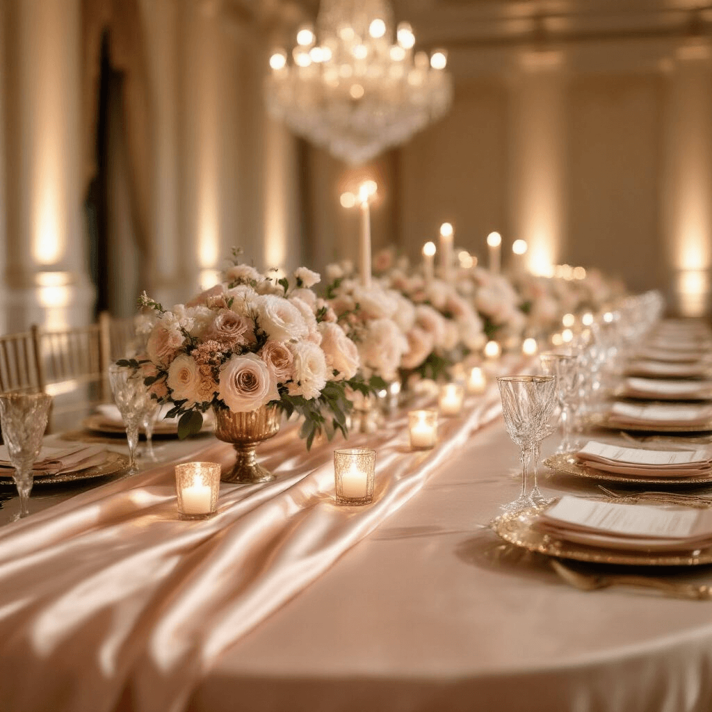 Wedding Table Runners: Everything You Need to Know to Dress Your Tables Like a Pro A luxurious wedding reception table dressed in a blush silk runner, featuring gold-rimmed place settings and floral centerpieces, illuminated by candlelight in a softly lit ballroom with chandeliers.