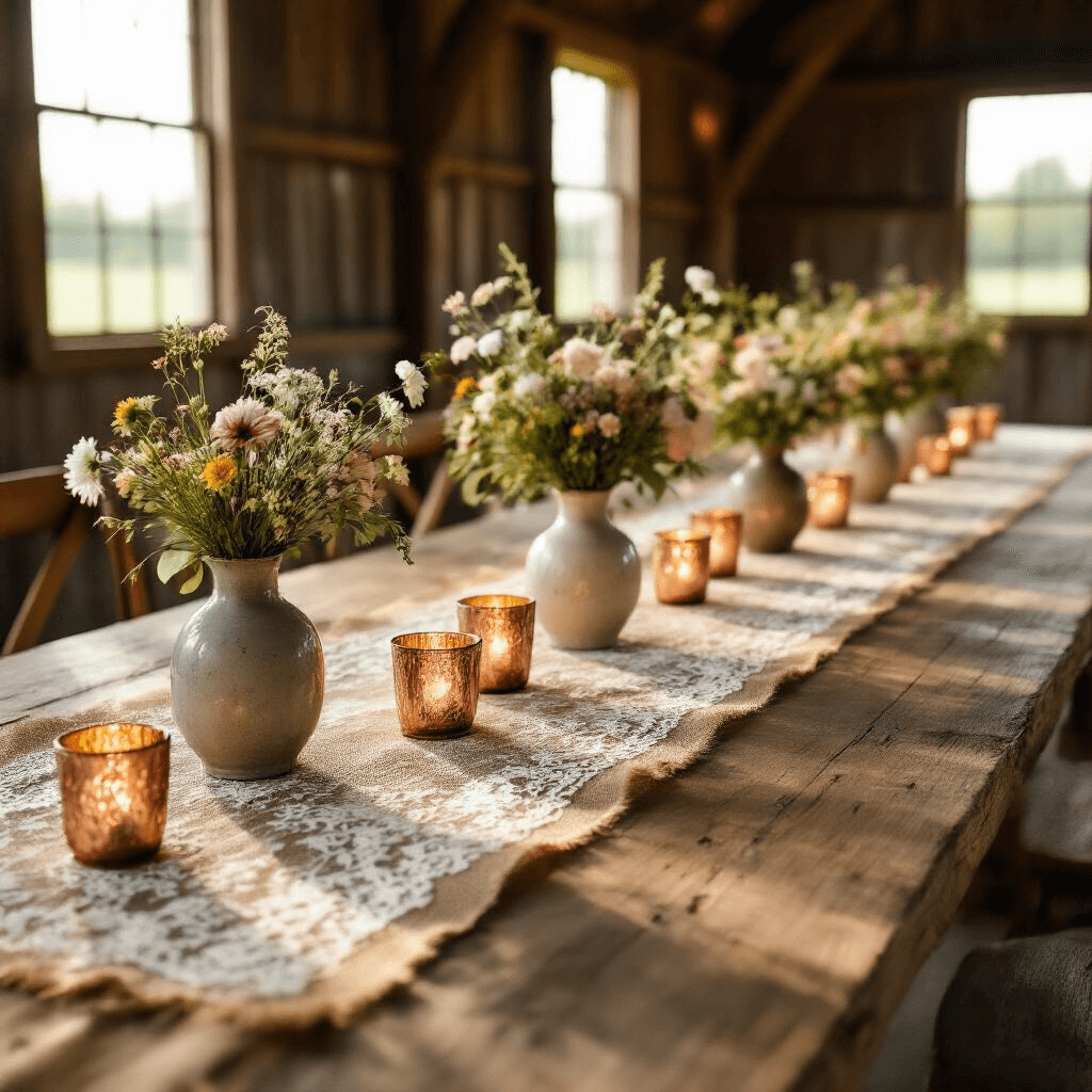 Wedding Table Runners: Everything You Need to Know to Dress Your Tables Like a Pro A rustic wedding table in a barn adorned with a burlap runner layered with vintage lace, copper candle holders, and wildflower arrangements in mismatched vases, illuminated by soft afternoon sunlight.