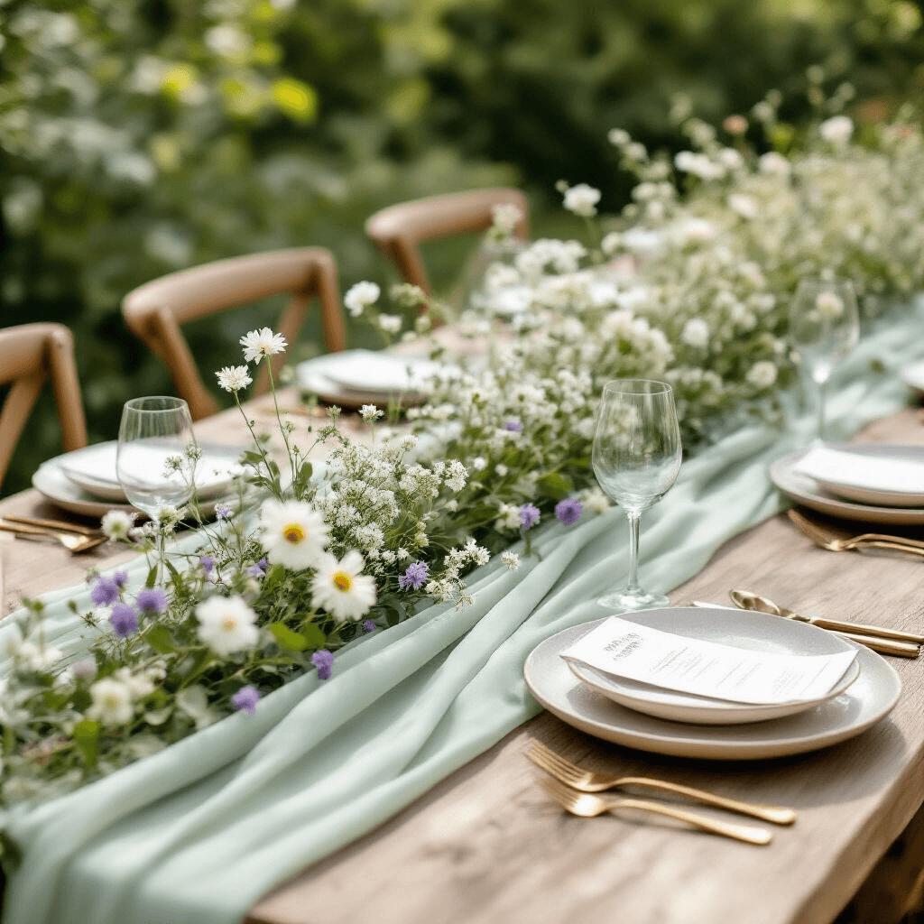 Wedding Table Runners: Everything You Need to Know to Dress Your Tables Like a Pro An outdoor wedding table set with a sage green chiffon runner, adorned with white and lavender wildflowers, minimalist ceramic plates, and brass cutlery, surrounded by lush greenery and soft diffused lighting.