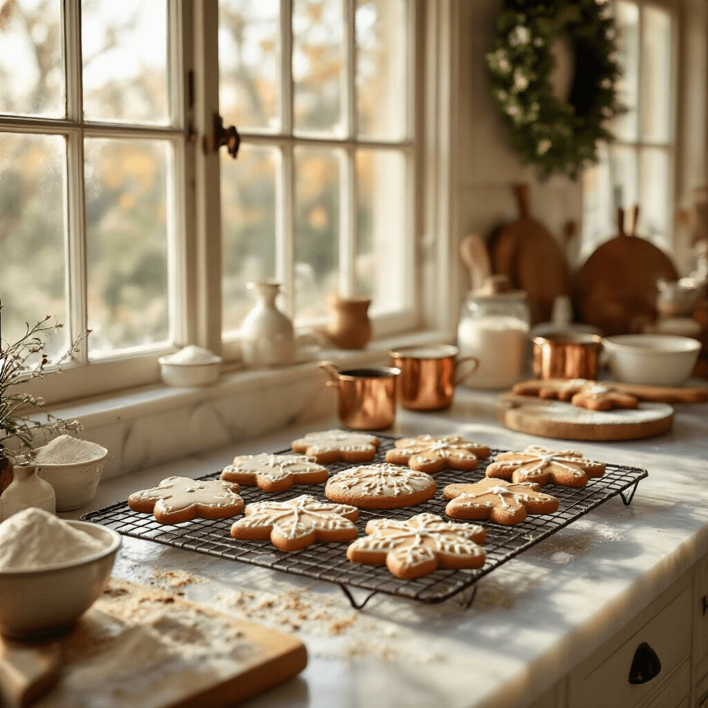 How to Make Gingerbread Garland That Actually Looks Good (Not Like a Pinterest Fail) A beautifully styled holiday kitchen bathed in golden afternoon light, showcasing a marble countertop with cooling gingerbread cookies decorated with royal icing, surrounded by rustic baking ingredients on flour-dusted surfaces, all in a soft cream and terracotta color palette.