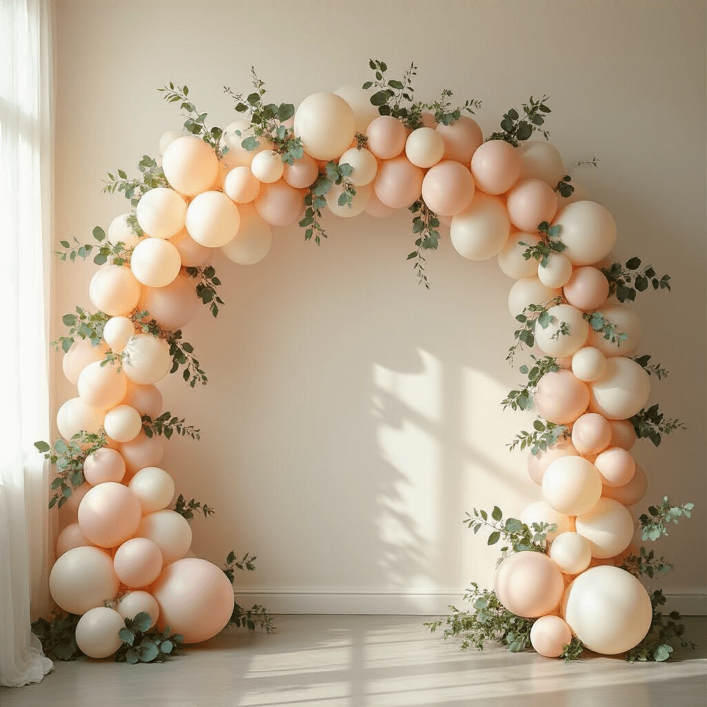 Balloon Garland Backdrops: Your Ultimate Guide to Eye-Catching Event Decor Photorealistic backdrop of an elegant blush and ivory balloon garland against a textured white wall, featuring eucalyptus greenery, warm golden hour lighting, and a softly lit table in the foreground with sheer curtains filtering natural light.