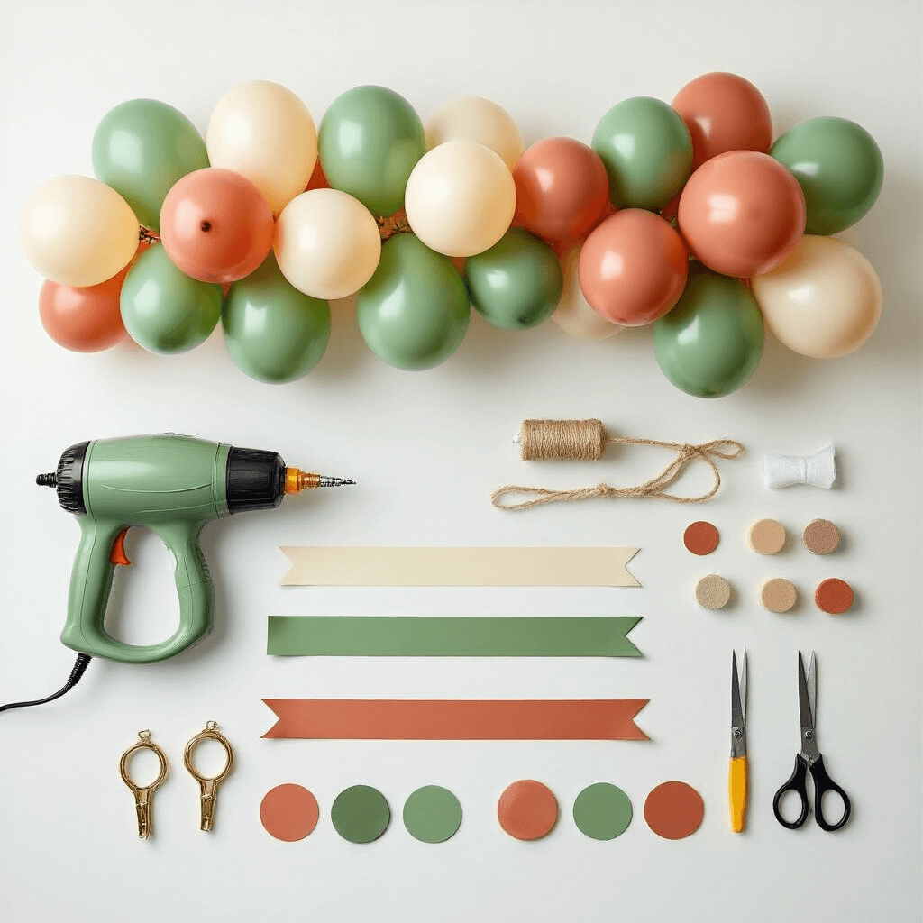 Balloon Garland Backdrops: Your Ultimate Guide to Eye-Catching Event Decor Overhead flat lay of a balloon garland workspace featuring an electric pump, organized sage green, terracotta, and cream balloons, a balloon decorating strip with clusters, glue dots, scissors, and metallic accents, all under soft natural light on a white background.