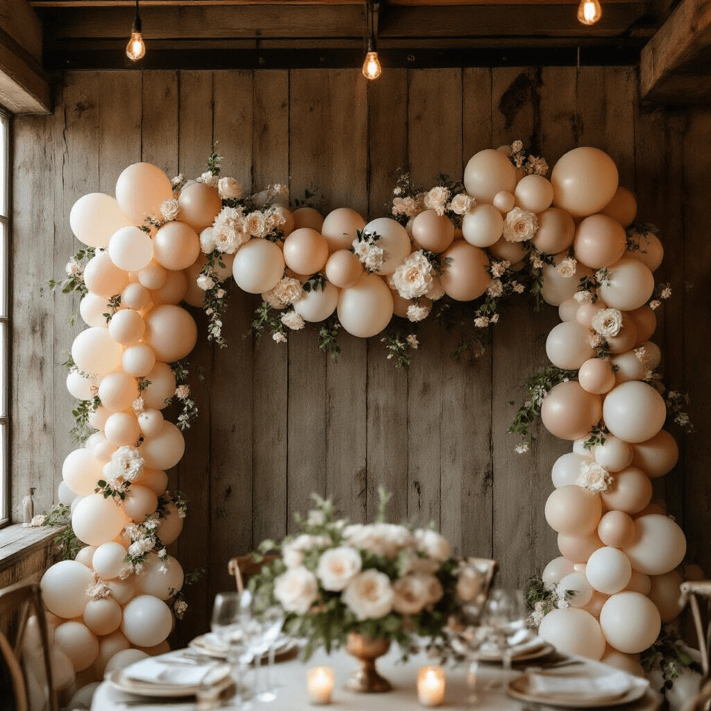 Balloon Garland Backdrops: Your Ultimate Guide to Eye-Catching Event Decor Intimate wedding reception backdrop with a sophisticated balloon garland in blush, ivory, and champagne tones draped on a rustic wooden wall, adorned with white roses and greenery, soft candlelight creating a warm ambiance, and a wide-angle view of the scene including table settings in the foreground.