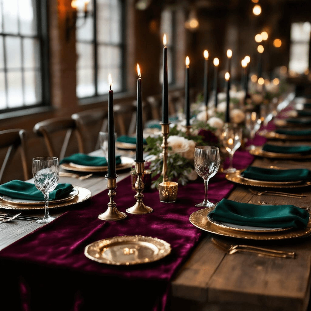Wedding Table Runners: Everything You Need to Know to Dress Your Tables Like a Pro Dramatic winter wedding reception table with a burgundy velvet runner, tall black taper candles in brass holders, gold charger plates, and deep emerald green napkins, illuminated by soft candlelight in a moody setting.
