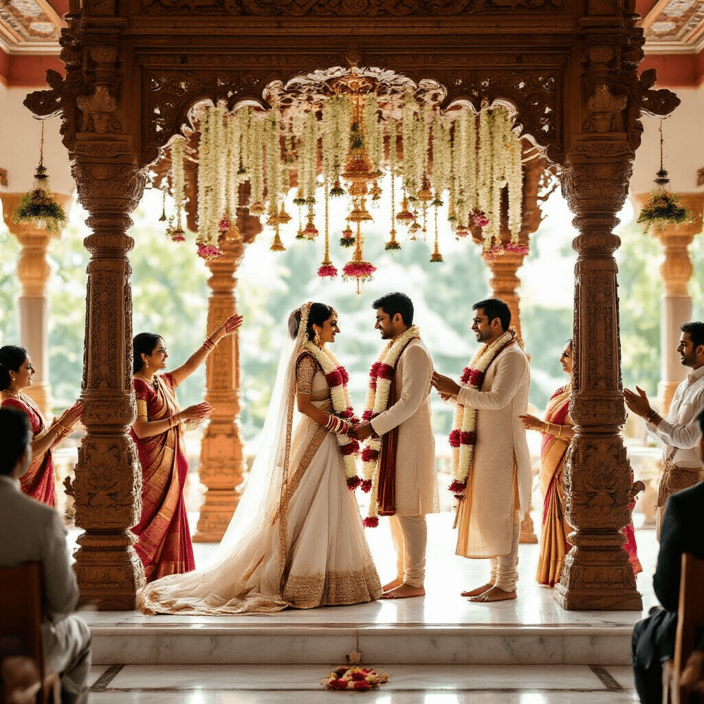 Lotus Garlands for Indian Weddings: Everything You Need to Know About This Sacred Tradition Traditional South Indian wedding ceremony featuring a large ornate mandap with intricately carved pillars, the bride and groom on a marble platform, surrounded by family joyfully lifting them during the varmala exchange, with white and pink lotus garlands and jasmine flowers, all bathed in soft morning light streaming through stained glass windows, showcasing rich burgundy and gold attire.