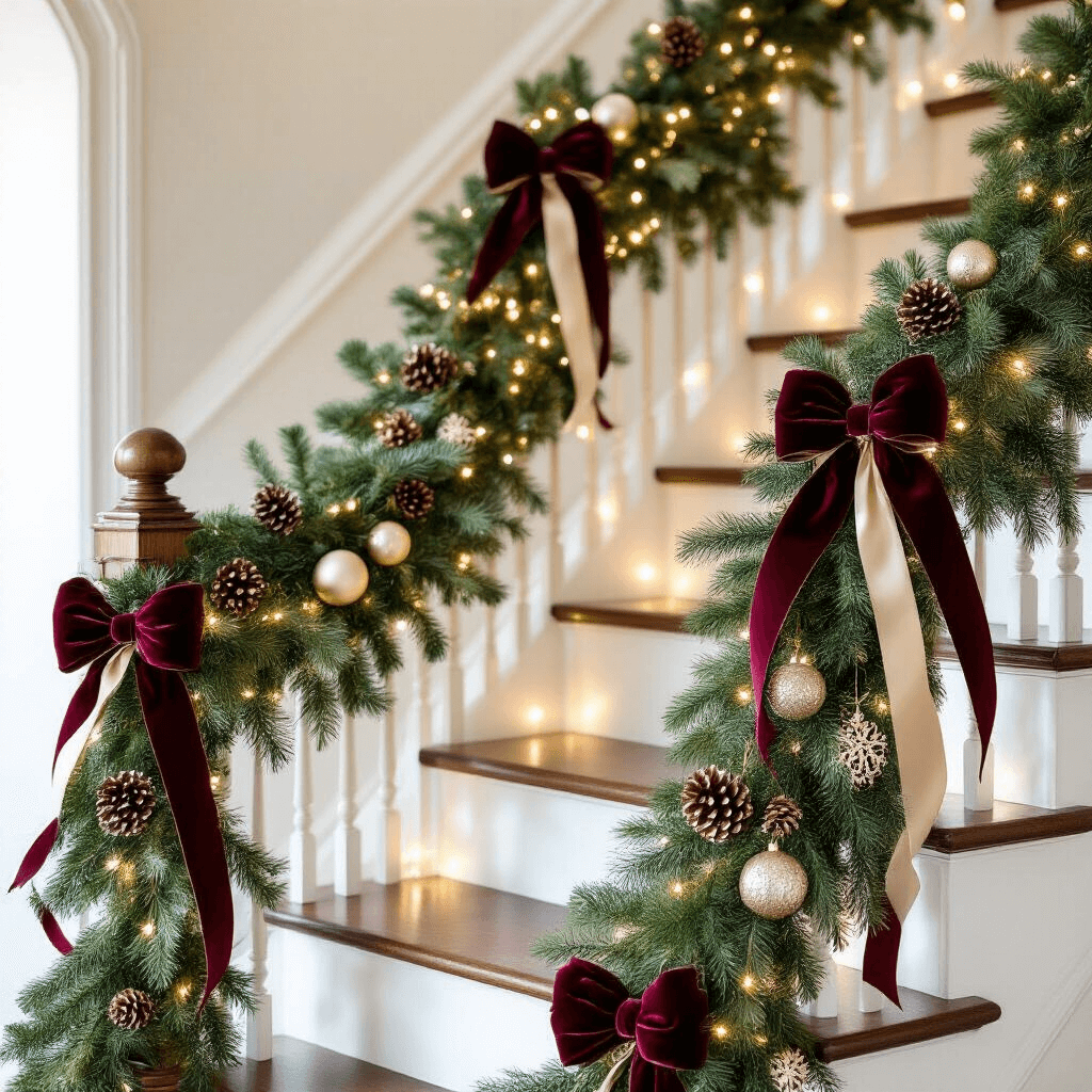 How to Transform Your Staircase with Garland: A Complete Guide to Elevated Holiday Style Photorealistic elegant staircase adorned with lush pine garland, velvet burgundy and champagne satin bows, frosted pinecones, and metallic ornaments, softly illuminated with white lights, showcasing a sophisticated holiday design in warm golden hour lighting.