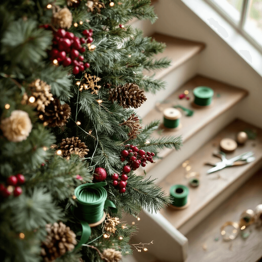 How to Transform Your Staircase with Garland: A Complete Guide to Elevated Holiday Style Overhead view of a staircase garland installation process, highlighting green zip ties, floral wire, and wired ribbon, with tools like wire cutters and ribbon spools scattered in a workspace illuminated by soft natural light, featuring a color palette of forest greens, warm golds, and rich burgundy tones.