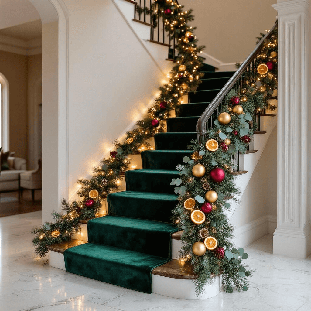 How to Transform Your Staircase with Garland: A Complete Guide to Elevated Holiday Style Dramatic wide-angle view of a modern staircase adorned with seasonal garland, featuring warm white lights, gold and burgundy ornaments, dried orange slices, and eucalyptus. Soft emerald green velvet ribbon enhances the luxurious decor against marble floors and a minimalist interior.