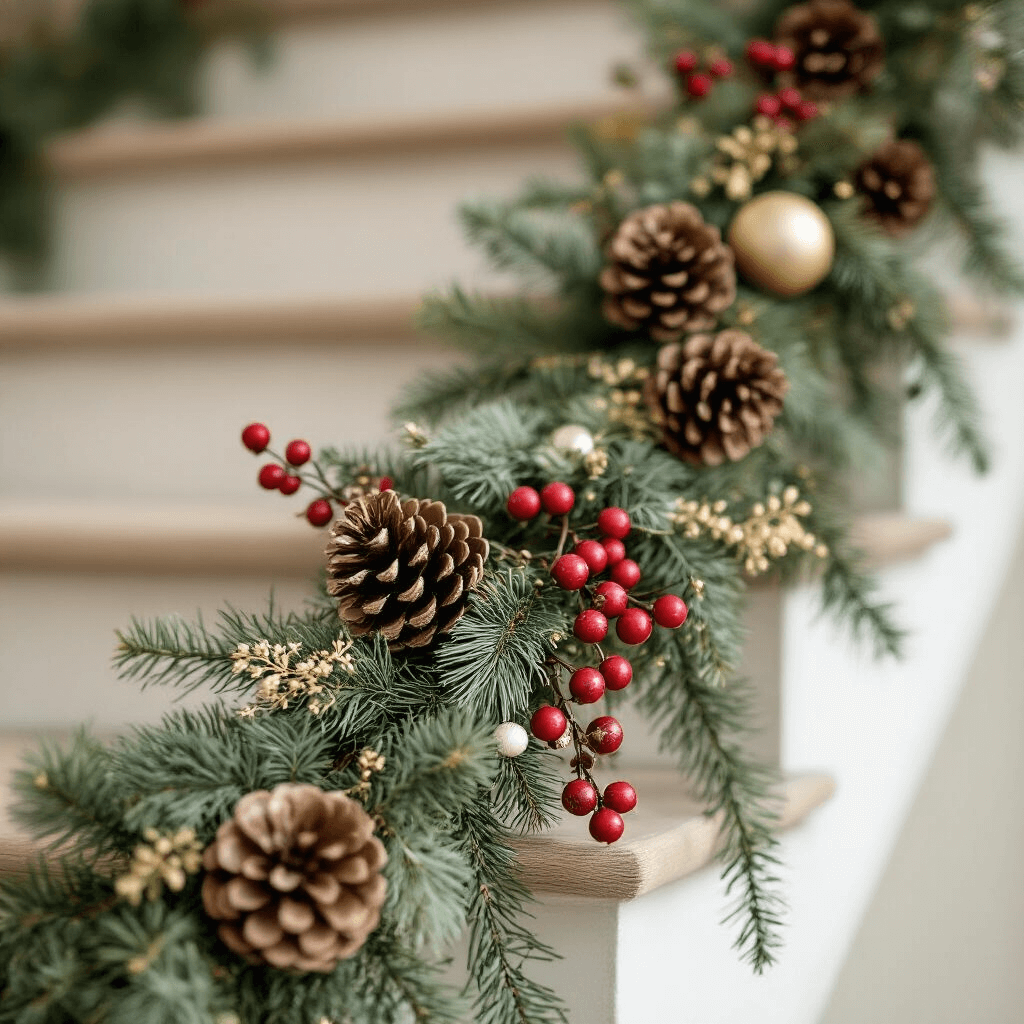 How to Transform Your Staircase with Garland: A Complete Guide to Elevated Holiday Style Extreme close-up of a staircase garland showcasing texture transitions from artificial pine to berry clusters, pinecones, and ornaments, with muted sage greens, warm golds, and soft neutrals illuminated by soft natural light.