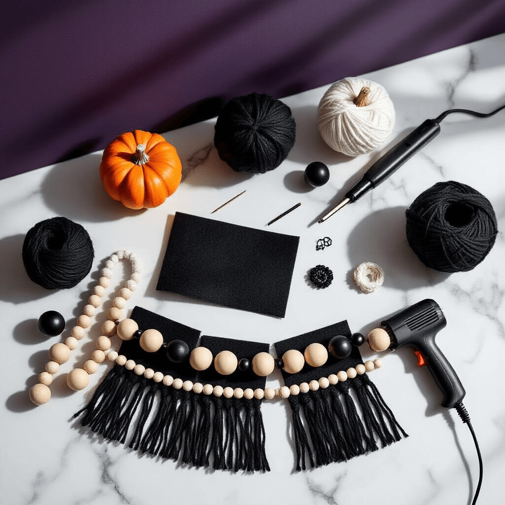 How to Make DIY Halloween Garland That'll Have Your Neighbors Green with Envy Overhead flat lay of a sophisticated Halloween garland workspace featuring black felt sheets, wooden beads, white and black yarn, and macrame cord on a marble countertop, with a hair straightener, wide-eye needle, and hot glue gun positioned in a meticulously styled composition against a rich jewel-toned background.