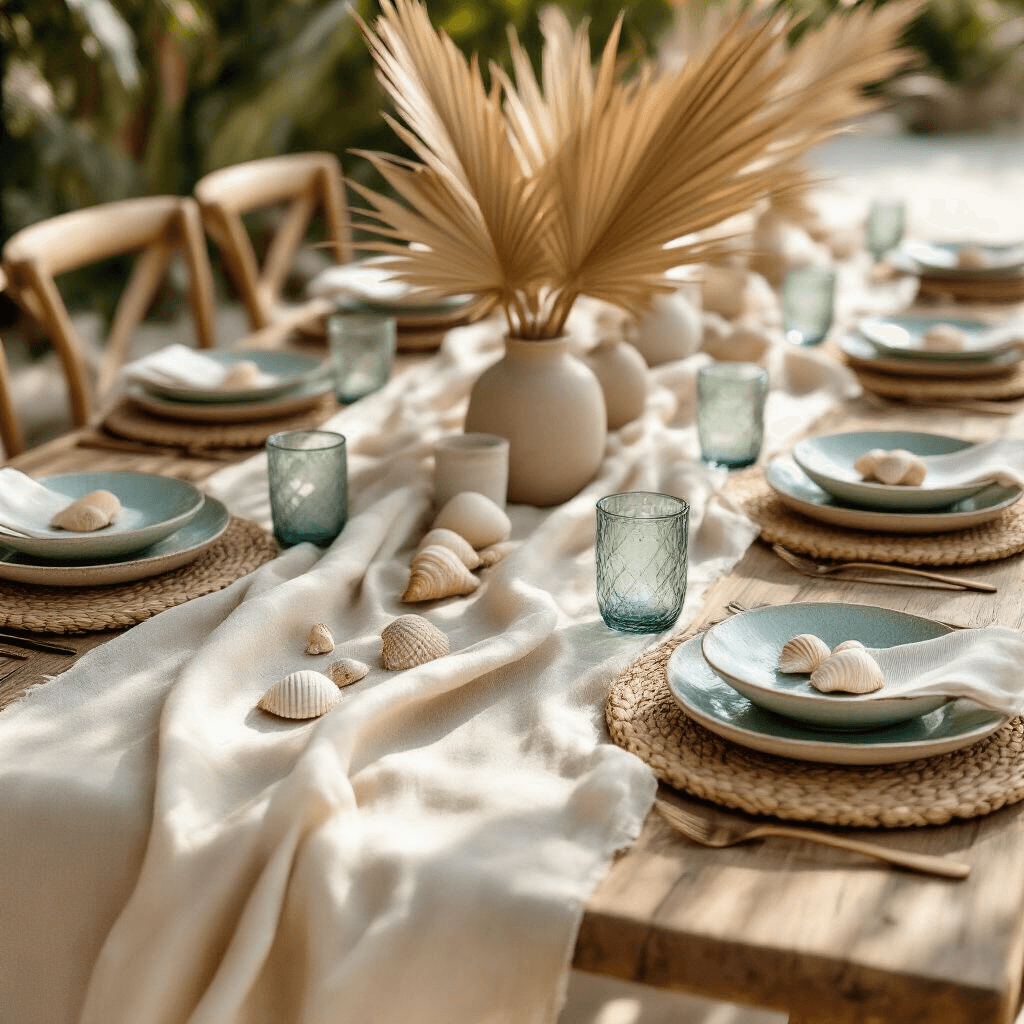 Wedding Table Runners: Everything You Need to Know to Dress Your Tables Like a Pro Bohemian beach wedding table setup featuring a natural linen runner, dried palm leaves, sand-colored ceramic plates, woven placemats, sea glass votives, and seashells, illuminated by soft natural daylight.
