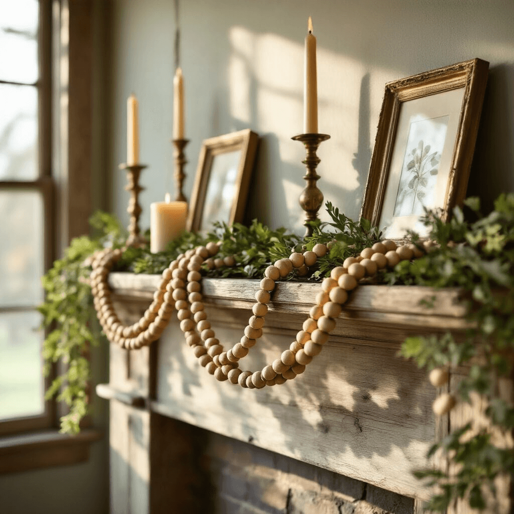 Wooden Bead Garlands: Everything You Need to Know About This Timeless Decor Trend A rustic farmhouse mantel decorated with a wooden bead garland, vintage brass candlesticks, and small art frames, illuminated by golden hour light, featuring sage and cream tones with greenery accents.