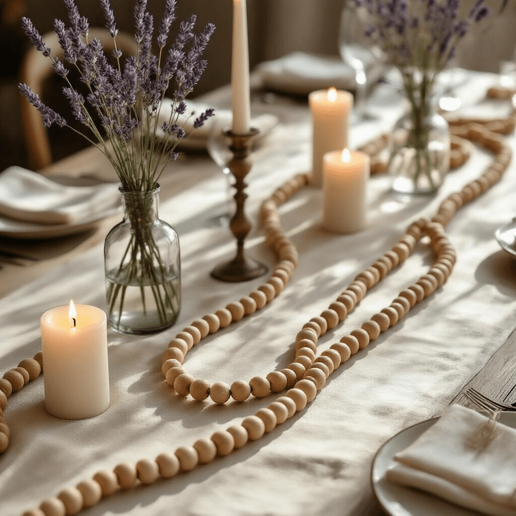 Wooden Bead Garlands: Everything You Need to Know About This Timeless Decor Trend An overhead view of an elegant dining table with a handcrafted wooden bead garland as a table runner, soft ivory linen tablecloth underneath, hand-blown glass bud vases with dried lavender, and scattered pillar candles in varying heights, creating a warm, intimate atmosphere.