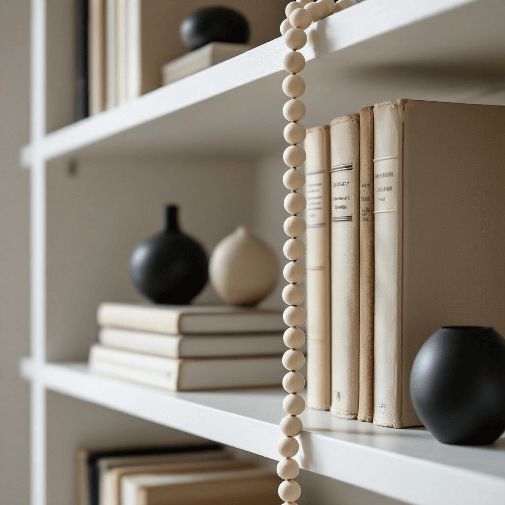 Wooden Bead Garlands: Everything You Need to Know About This Timeless Decor Trend A close-up of a modern minimalist bookshelf featuring a white wooden bead garland draped among neatly arranged books, illuminated by soft natural light, with matte black bookends and curated design objects adding contrast.