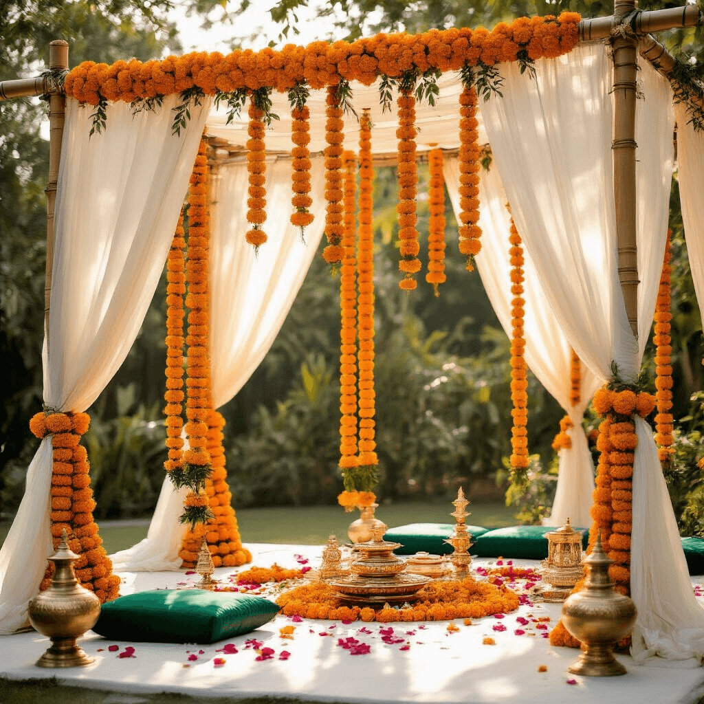 How to Make Stunning Marigold Garlands That'll Transform Any Space (Fresh or Faux) An intimate wedding mandap adorned with golden-orange marigold garlands, bamboo and white silk structure, soft sunlight filtering through, brass diyas at corners, emerald green silk cushions, and scattered rose petals, blending traditional elegance with contemporary refinement.