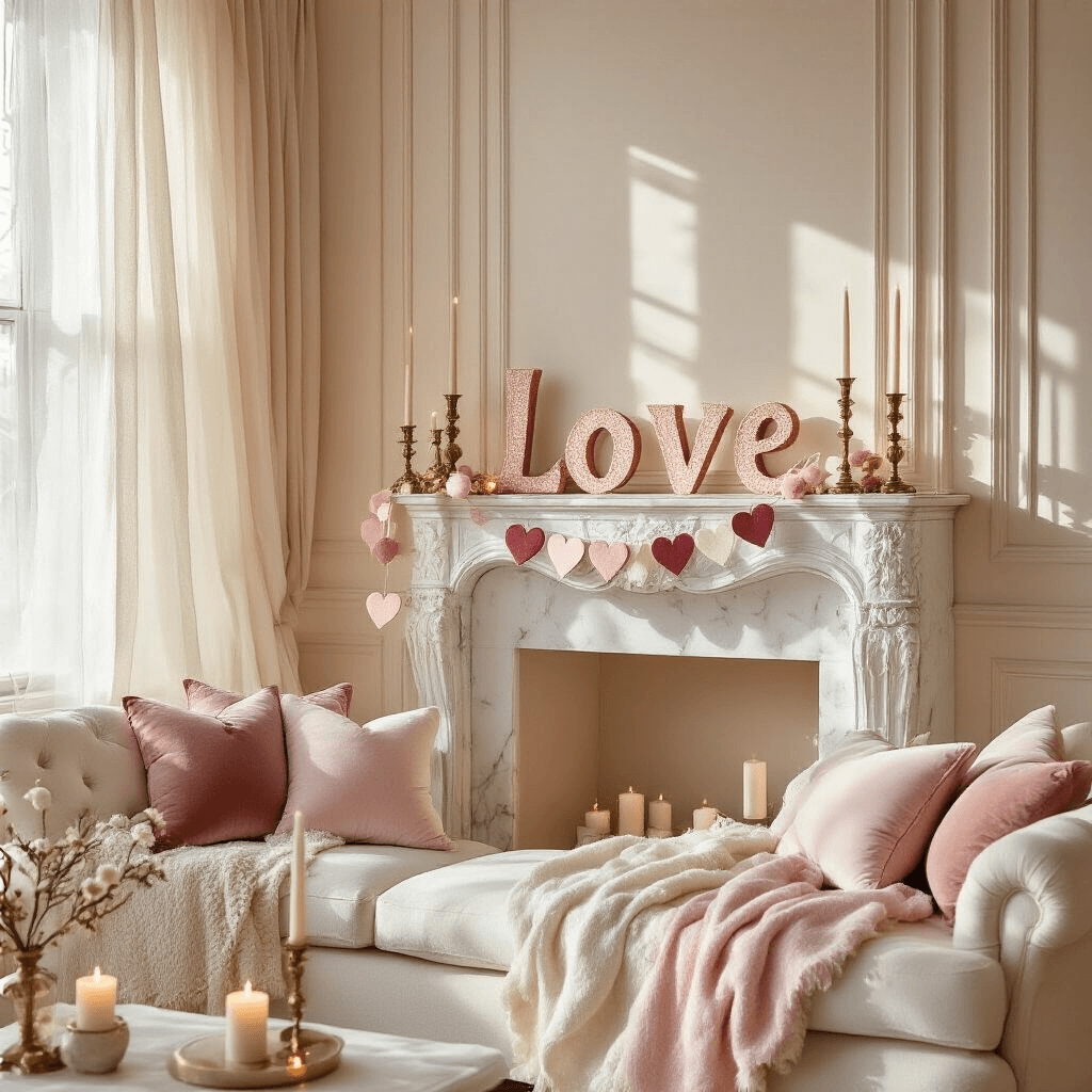 Valentine Garlands: DIY Magic That'll Make Your Space Romantic A luxurious Valentine's Day garland styling scene in a soft blush and ivory living room, featuring a felt heart garland on a white marble fireplace, golden hour sunlight through sheer curtains, glittery letters spelling 'LOVE', plush velvet cushions, fairy lights, and a vintage brass candleholder with taper candles.