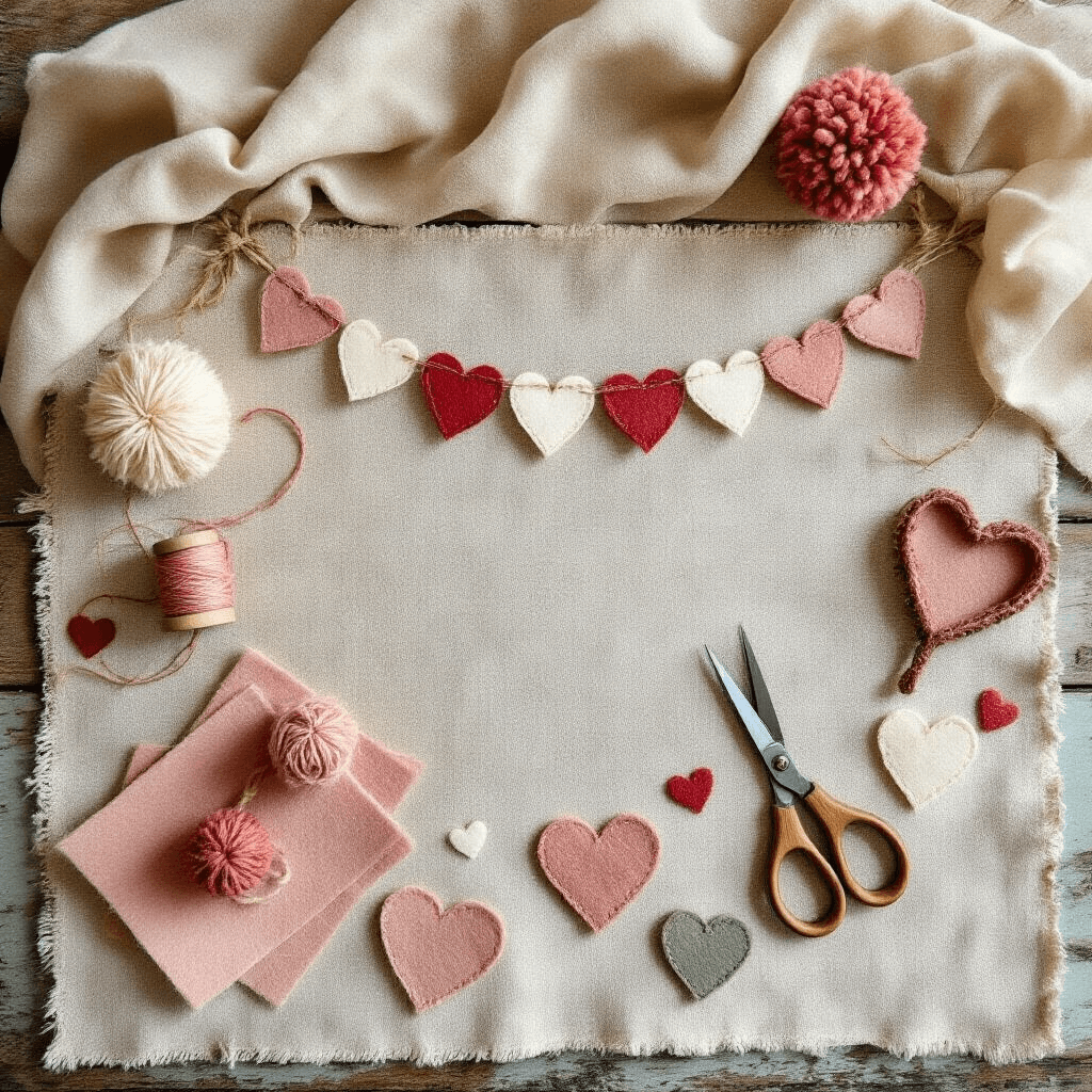 Valentine Garlands: DIY Magic That'll Make Your Space Romantic Overhead view of a rustic farmhouse-style Valentine's garland creation process on a distressed wooden surface, featuring cream and blush felt sheets, wooden-handled scissors, embroidery floss, a vintage pom-pom maker, and partially completed heart shapes, all bathed in soft morning light with a natural linen backdrop and muted terracotta and sage green accents.