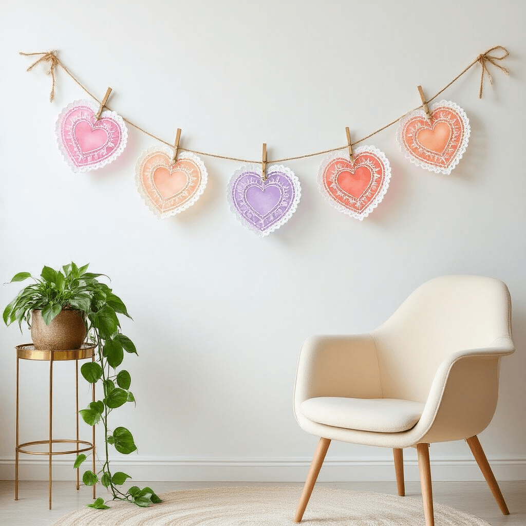 Valentine Garlands: DIY Magic That'll Make Your Space Romantic A bohemian-inspired garland of translucent watercolor-painted heart doilies in soft lavender and peach hangs from baker's twine against a white wall, with a mid-century modern cream chair and a vintage brass plant stand featuring a trailing pothos below, creating a dreamy Valentine's decor scene.