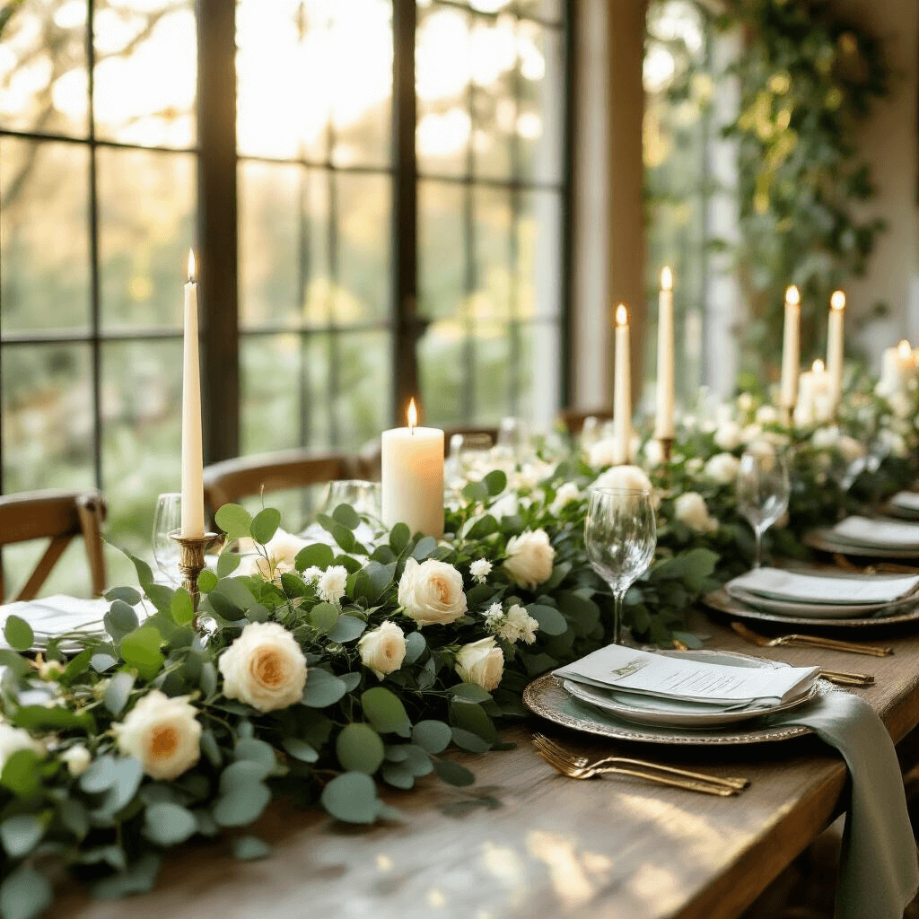 How to Create Stunning Table Garlands That'll Make Your Guests Say "Wow" A luxurious dining table featuring a cascading eucalyptus and olive branch garland, softly illuminated by candlelight, with silver place settings and delicate white garden roses, all set in a warm, golden hour ambiance.
