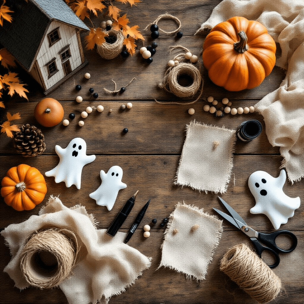 Ghost Garland: Easy DIY Ideas and Store-Bought Options That Actually Look Good A rustic farmhouse table with crafting materials for Halloween, including cheesecloth, craft beads, jute twine, a black marker, and pinking shears, all illuminated by soft golden afternoon light, showcasing the intricate preparation of a DIY ghost garland.