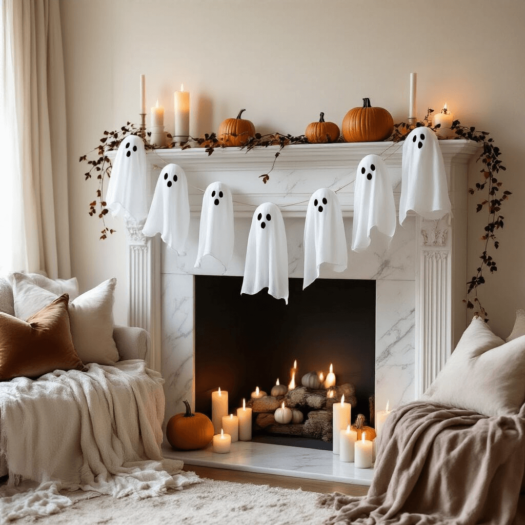 Ghost Garland: Easy DIY Ideas and Store-Bought Options That Actually Look Good A cozy Halloween-themed living room featuring a ghost garland on a white marble fireplace mantel, softly lit candles illuminating minimalist cheesecloth ghosts, and layered textures of silk pillows and velvet blankets, creating a whimsical atmosphere.