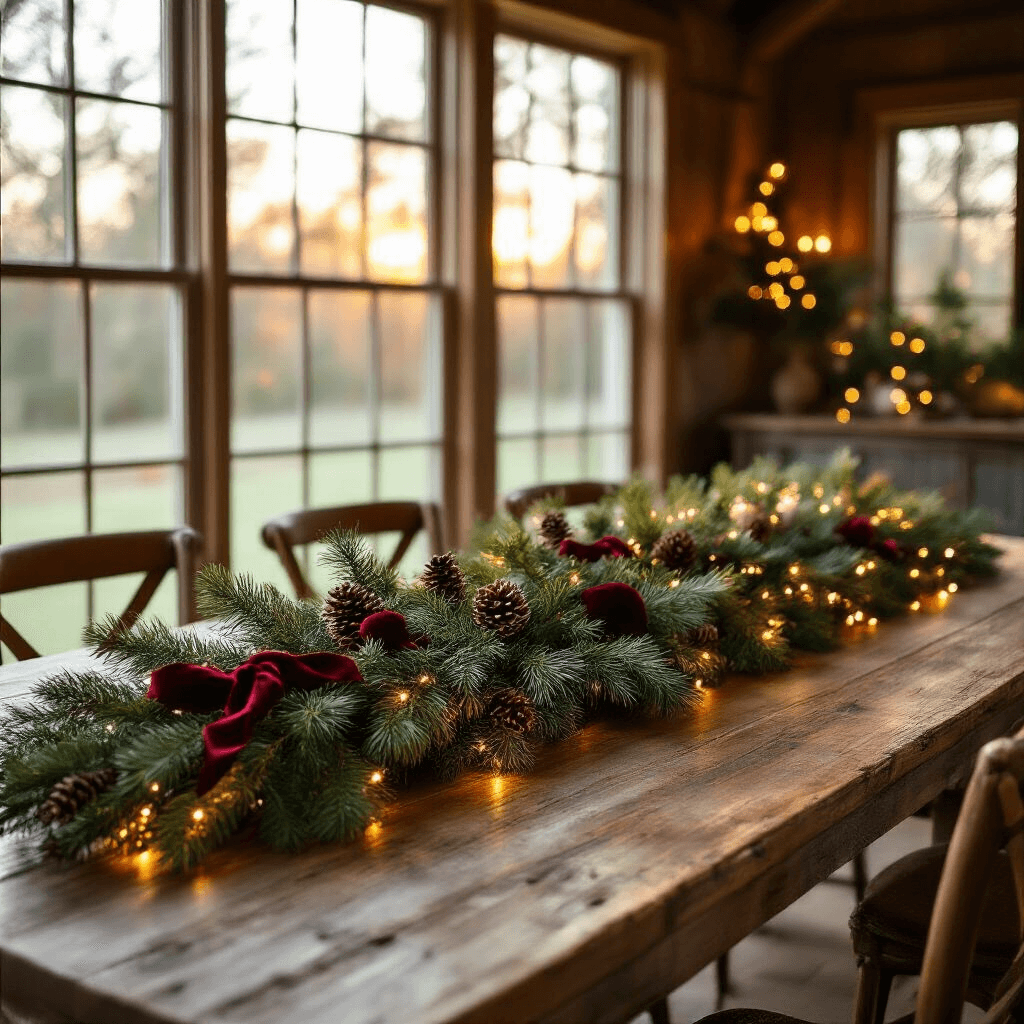 DIY Christmas Garland Ideas That'll Make Your Home Look Like a Million Bucks (Without Spending It) A rustic farmhouse dining room featuring a reclaimed wood table adorned with a 12-foot evergreen garland of pine, cedar, and eucalyptus, embellished with pinecones and deep red velvet ribbon, illuminated by golden hour light with delicate fairy lights creating a warm, magical atmosphere.