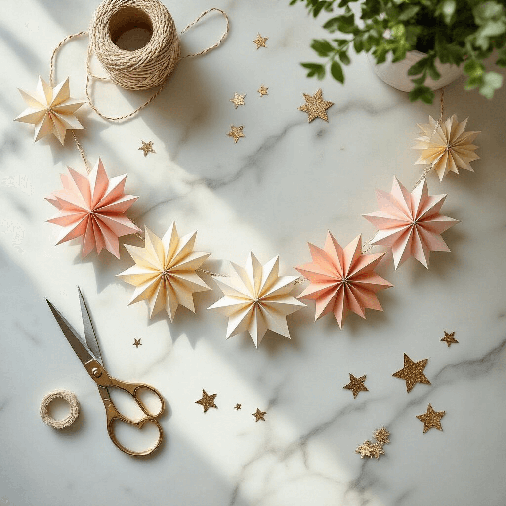 DIY Christmas Garland Ideas That'll Make Your Home Look Like a Million Bucks (Without Spending It) Overhead flat lay of a handcrafted paper star garland in ombré shades of blush, cream, and soft gold on a marble kitchen countertop, surrounded by crafting materials like scissors, twine, and metallic paper scraps, with gentle natural lighting enhancing the scene.