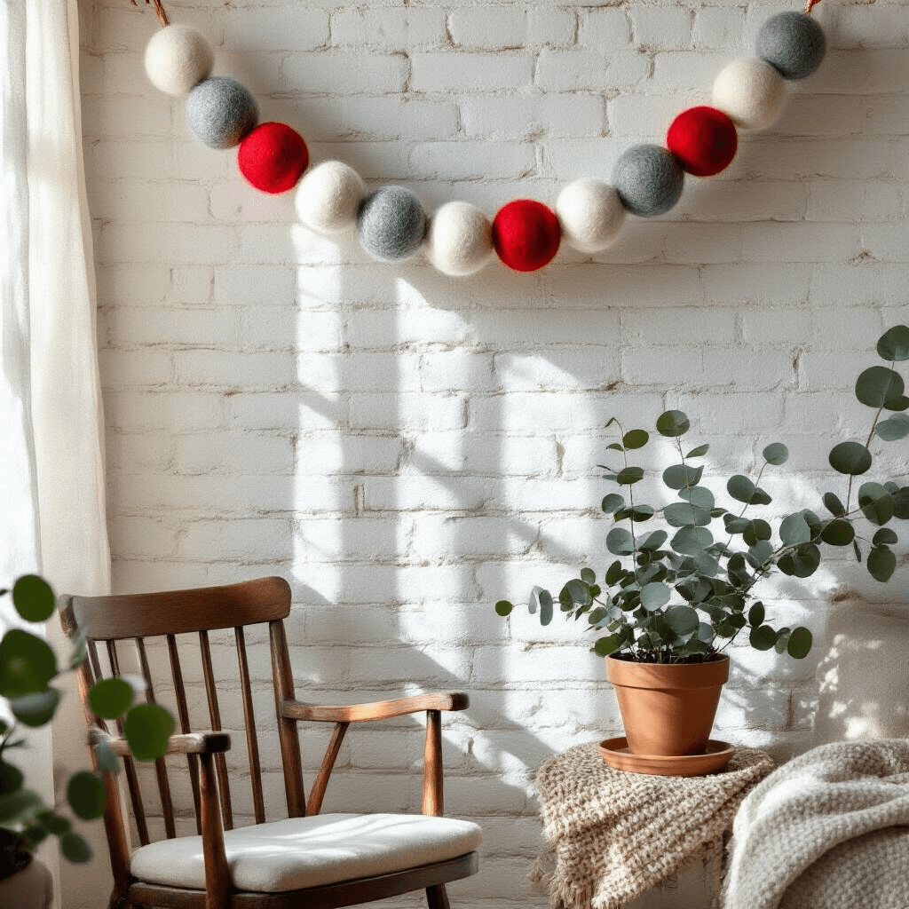 DIY Christmas Garland Ideas That'll Make Your Home Look Like a Million Bucks (Without Spending It) A cozy living room corner with a whimsical felt ball garland in red, white, and heather gray hanging on a white brick wall, soft morning light filtering through sheer curtains, a vintage wooden chair, and a potted eucalyptus plant.