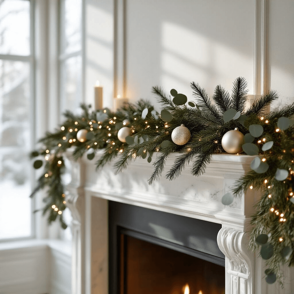White Garland: Everything You Need to Transform Your Space This Season Photorealistic wide-angle shot of a white pine pre-lit garland adorned with eucalyptus, silver, and champagne gold ornaments draped over a marble fireplace mantel, illuminated by soft winter sunlight streaming through bay windows.